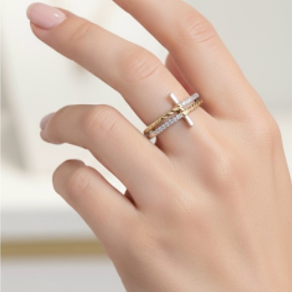 Cross Ring 925 Stirling Silver and Gold Multi-Band Cross Size 8-New! - Picture 8 of 8